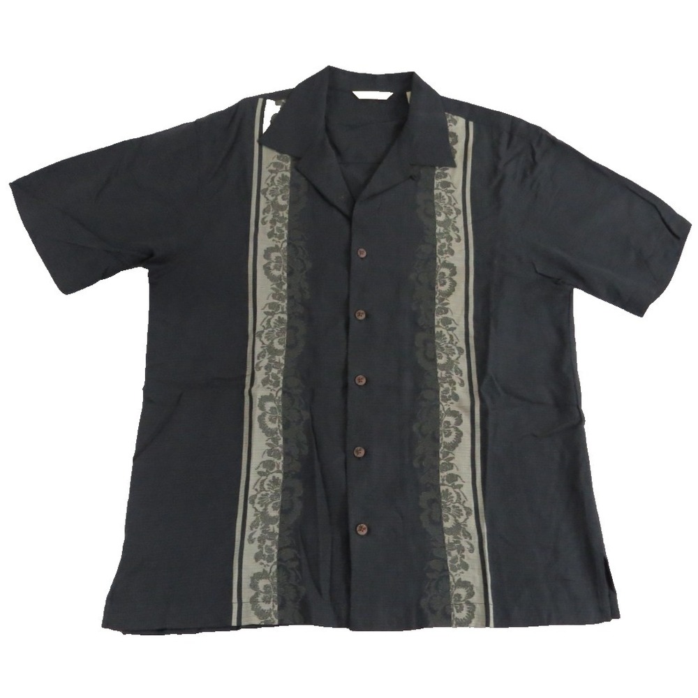 Tommy Bahama Shirt Men M Black‎ Silk Embroidered Panel Camp Short Sleeve Resort